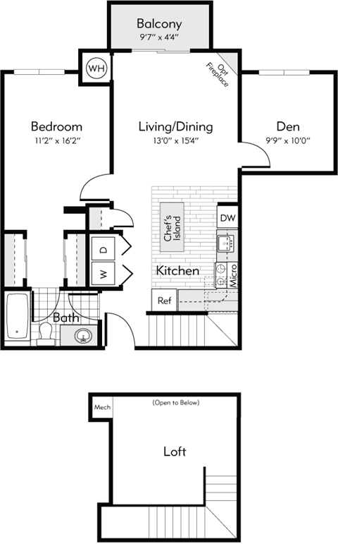 Floor plan for 1 bed, 1 bath, 925 sqft
