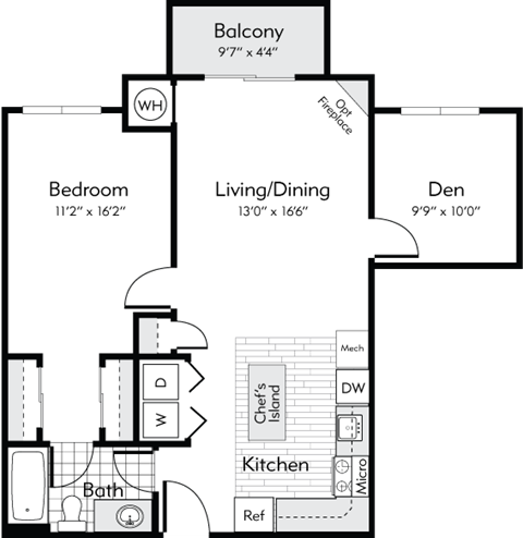 Floor plan for 1 bed, 1 bath, 799 sqft