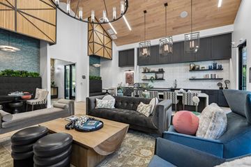Wesley Chapel apartment for rent - A modern living room with a black couch and a wooden coffee table.