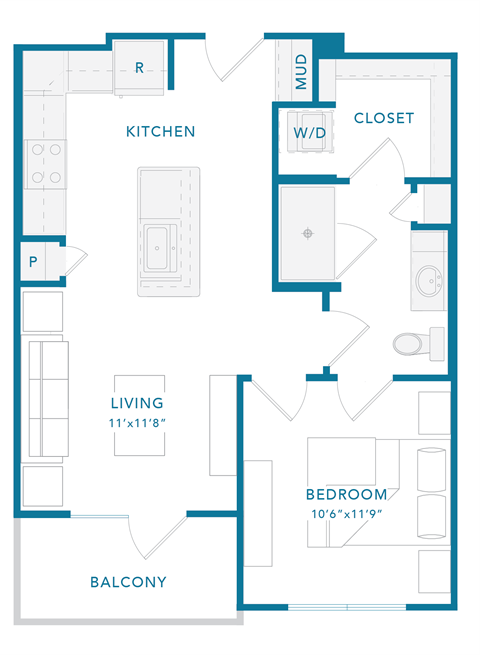 Floor plan for 1 bed, 1 bath, 598 sqft