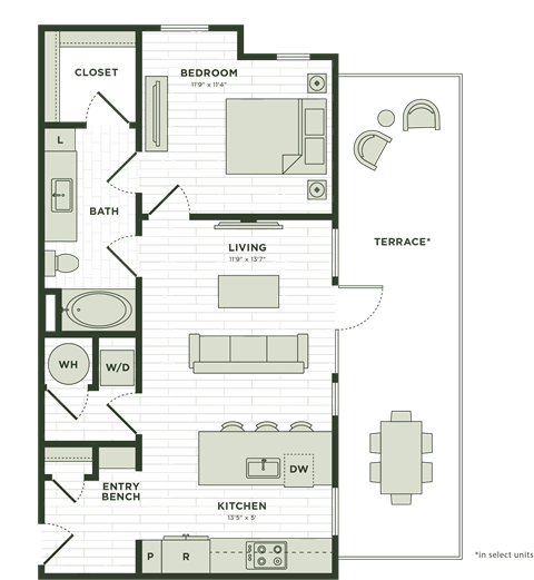 Floor plan for 1 bed, 1 bath, 776 sqft