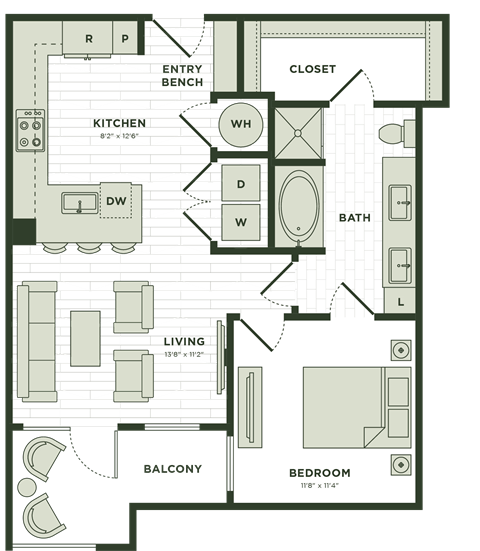 Floor plan for 1 bed, 1 bath