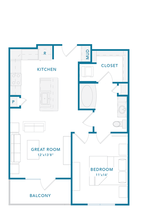 Floor plan for 1 bed, 1 bath, 693 sqft