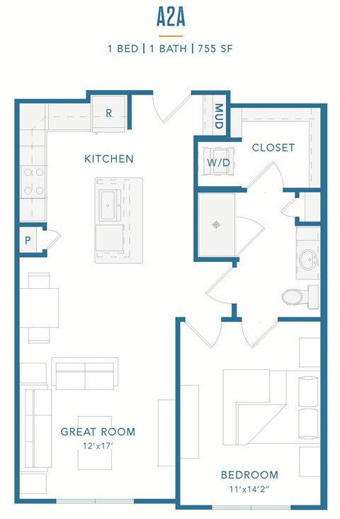 Floor plan for 1 bed, 1 bath, 755 sqft