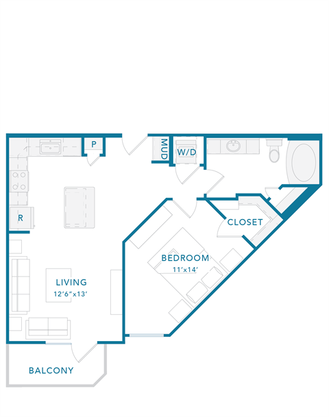 Floor plan for 1 bed, 1 bath, 715 sqft
