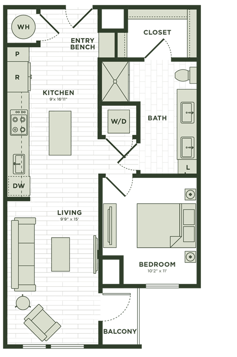 Floor plan for 1 bed, 1 bath, 703 sqft