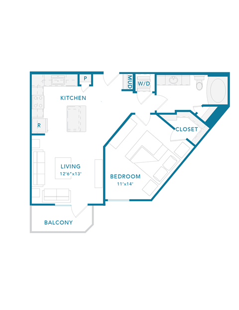 Floor plan for 1 bed, 1 bath, 747 sqft