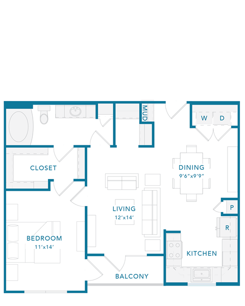 Floor plan for 1 bed, 1 bath, 819 sqft