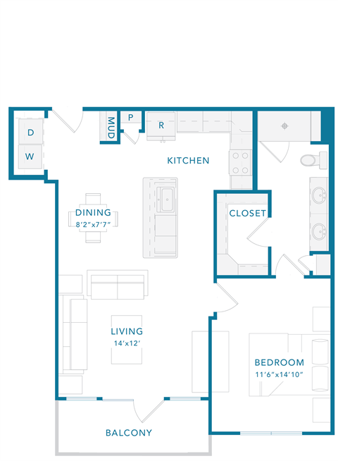 Floor plan for 1 bed, 1 bath, 831 sqft