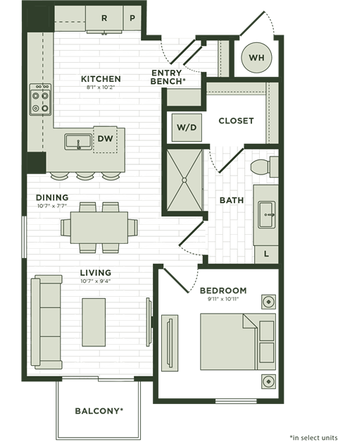 Floor plan for 1 bed, 1 bath, 727 sqft