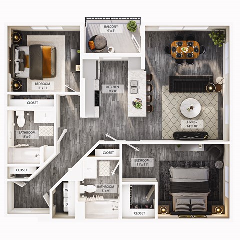 Floor plan for 2 beds, 2 baths, 1012 sqft