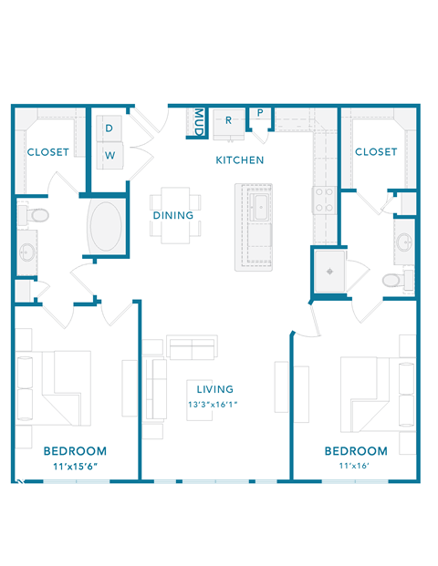 Floor plan for 2 beds, 2 baths, 1236 sqft