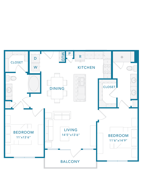 Floor plan for 2 beds, 2 baths, 1250 sqft