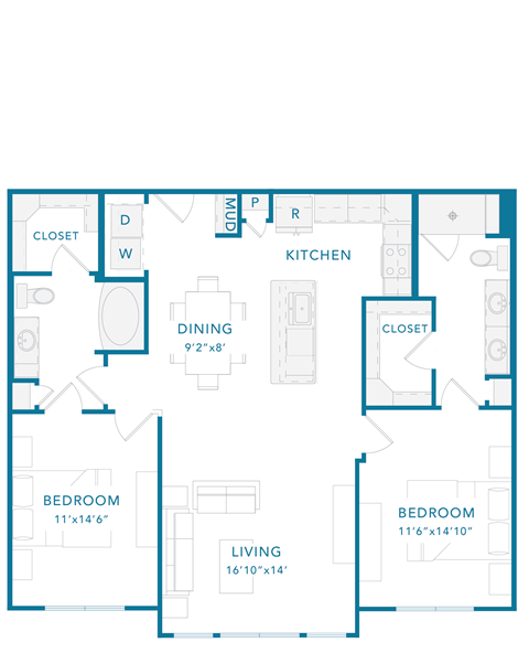 Floor plan for 2 beds, 2 baths, 1236 sqft