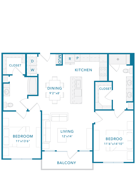 Floor plan for 2 beds, 2 baths, 1250 sqft