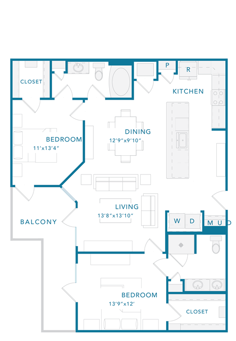 Floor plan for 2 beds, 2 baths, 1303 sqft