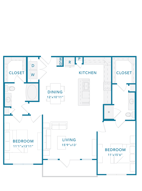 Floor plan for 2 beds, 2 baths, 1250 sqft