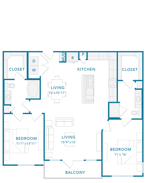 Floor plan for 2 beds, 2 baths, 1250 sqft