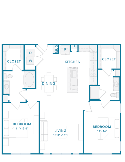 Floor plan for 2 beds, 2 baths, 1236 sqft