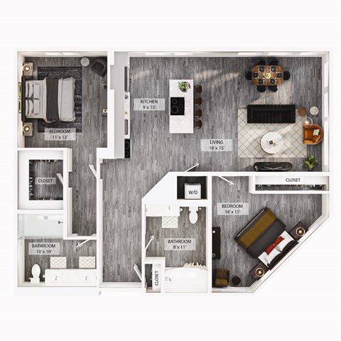 Floor plan for 2 beds, 2 baths, 1021 sqft