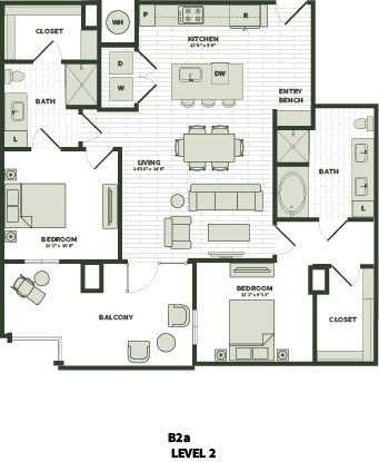 Floor plan for 2 beds, 2 baths