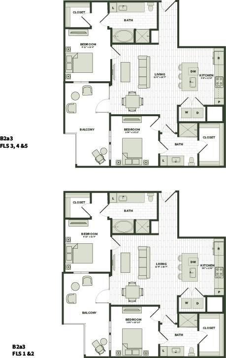 Floor plan for 2 beds, 2 baths, 1075 sqft