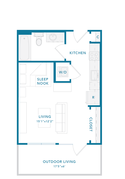 Floor plan for studio, 1 bath, 400 sqft