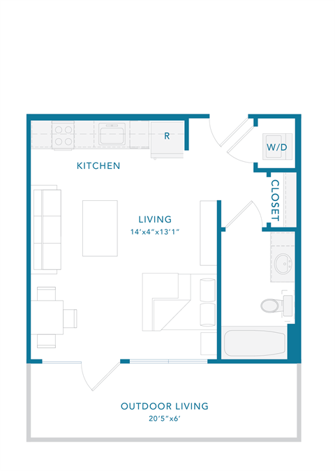 Floor plan for studio, 1 bath, 400 sqft