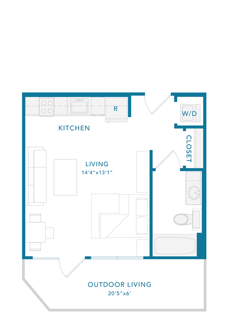 Floor plan for studio, 1 bath, 400 sqft