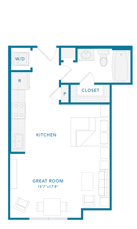 Floor plan for studio, 1 bath, 454 sqft