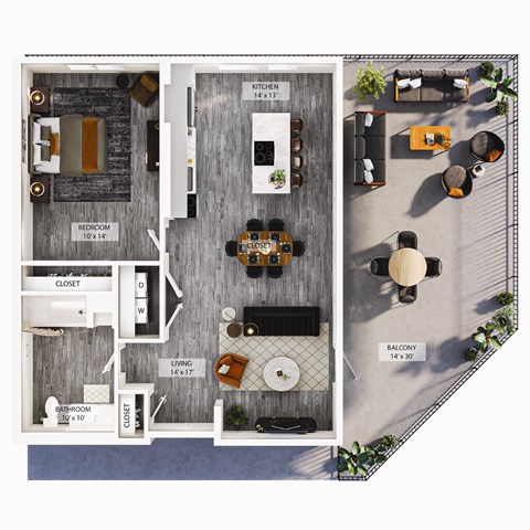Floor plan for 1 bed, 1 bath, 698 sqft