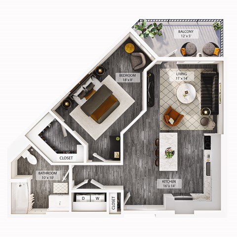 Floor plan for 1 bed, 1 bath, 809 sqft