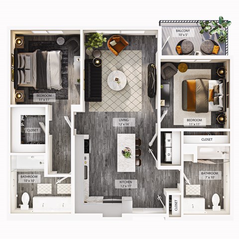 Floor plan for 2 beds, 2 baths, 1003 sqft