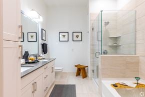 Dallas apartment for rent - A bathroom with a walk in shower and a vanity with a mirror.