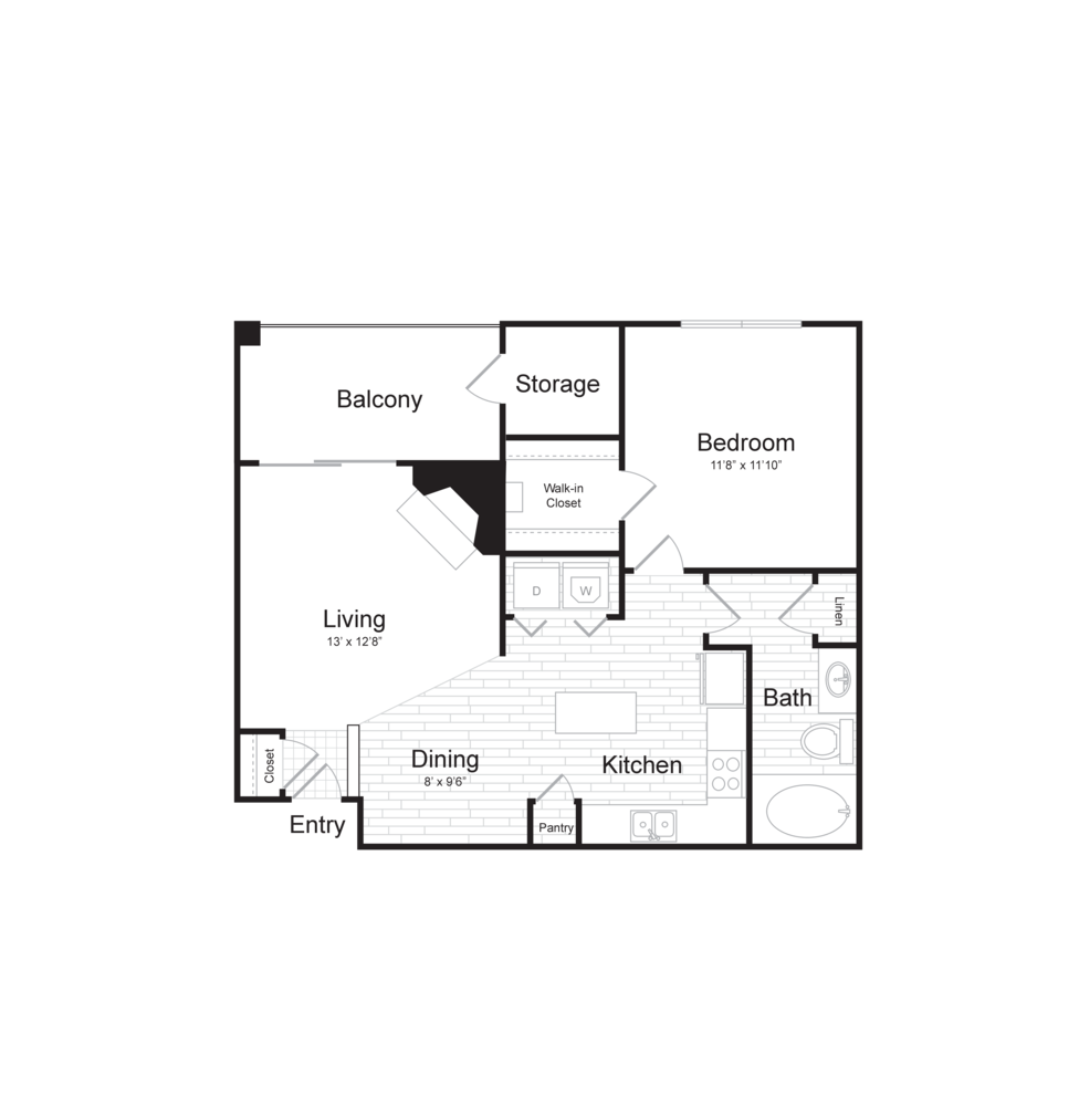 Floor plan for 1 bed, 1 bath, 680 sqft