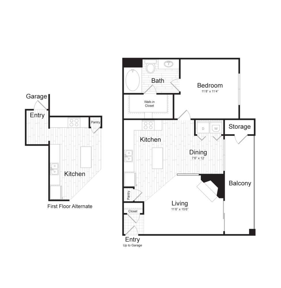 Floor plan for 1 bed, 1 bath, 743 sqft