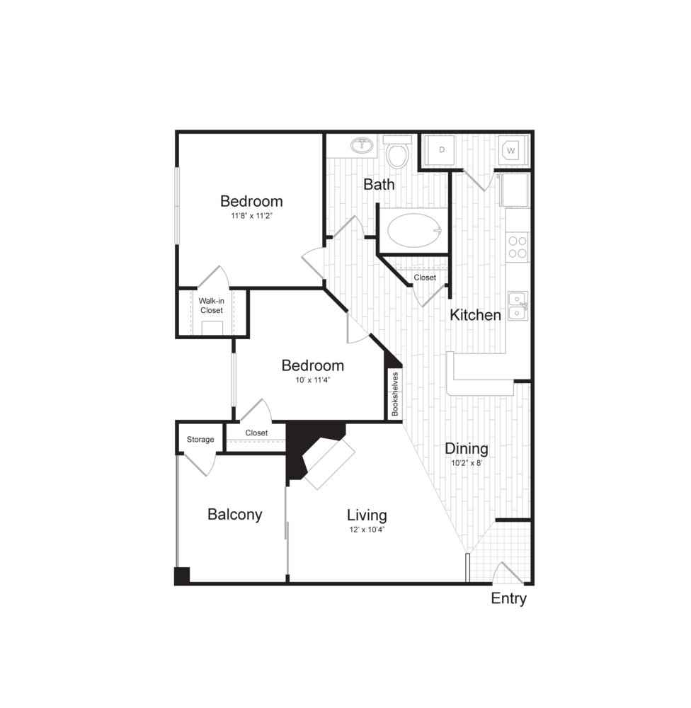 Floor plan for 2 beds, 1 bath, 841 sqft
