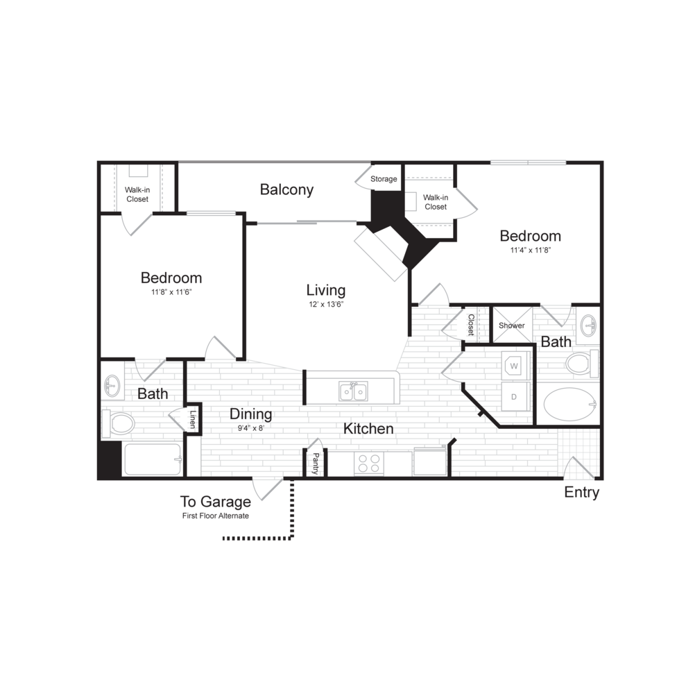 Floor plan for 2 beds, 2 baths, 1001 sqft