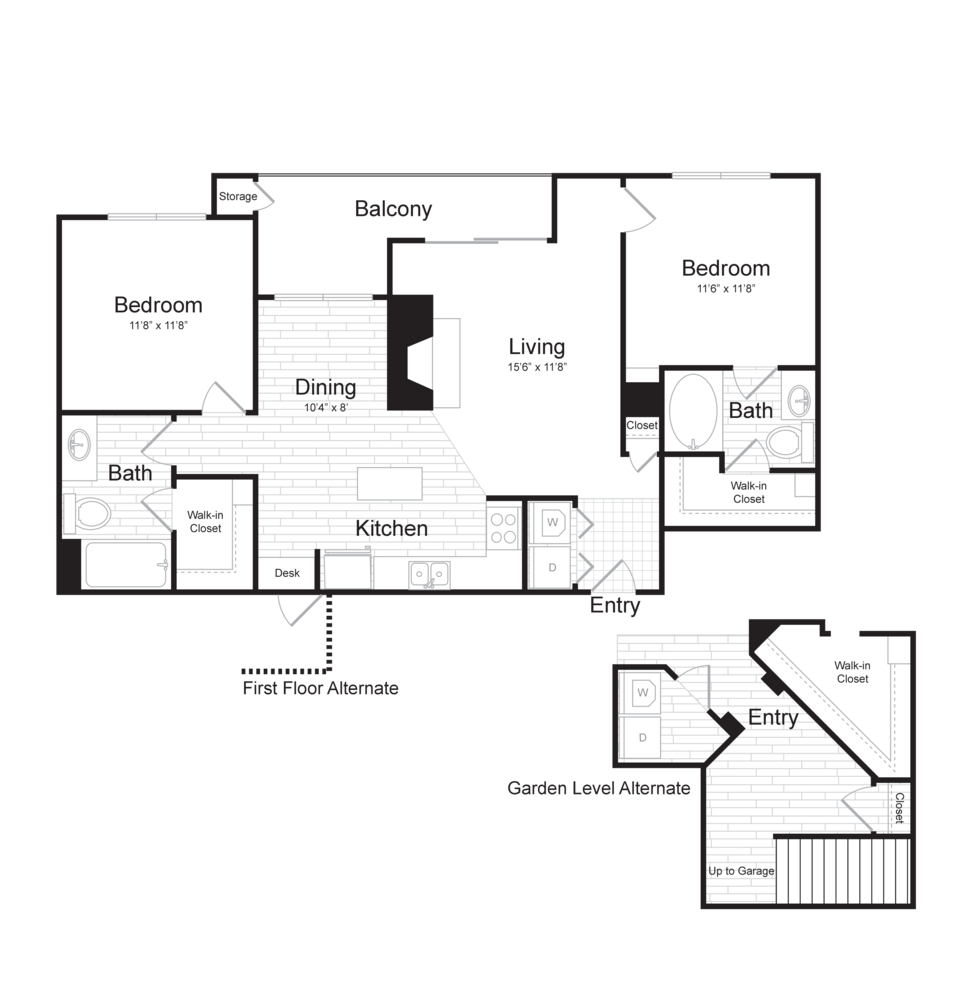 Floor plan for 2 beds, 2 baths, 1055 sqft