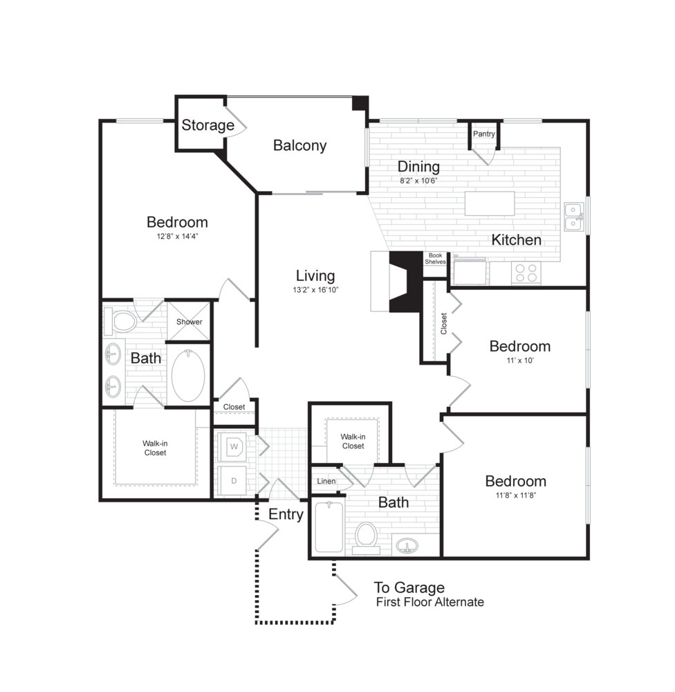 Floor plan for 3 beds, 2 baths, 1313 sqft