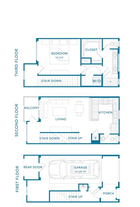 Floor plan for 1 bed, 1.5 baths, 1012 sqft