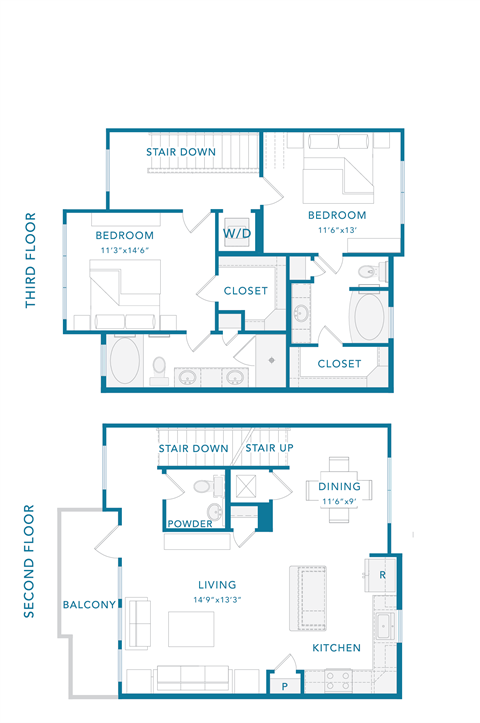 Floor plan for 2 beds, 2.5 baths, 1464 sqft