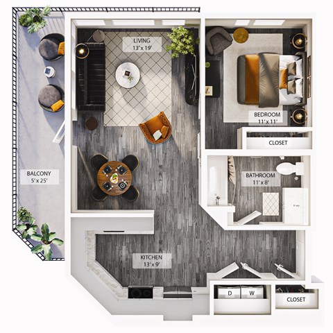Floor plan for 1 bed, 1 bath, 755 sqft