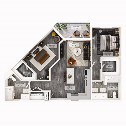Floor plan for 2 beds, 2 baths, 1144 sqft