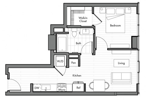 Floor plan for 1 bed, 1 bath, 590 sqft