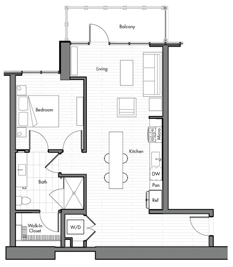 Floor plan for 1 bed, 1 bath, 766 sqft