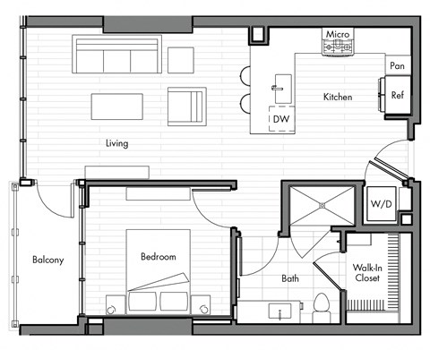 Floor plan for 1 bed, 1 bath, 714 sqft