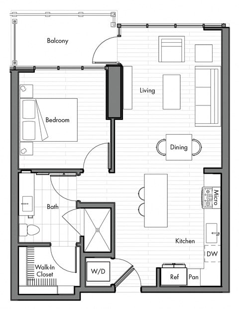 Floor plan for 1 bed, 1 bath, 707 sqft