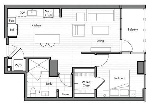 Floor plan for 1 bed, 1 bath, 701 sqft