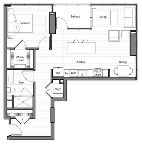 Floor plan for 1 bed, 1 bath, 864 sqft